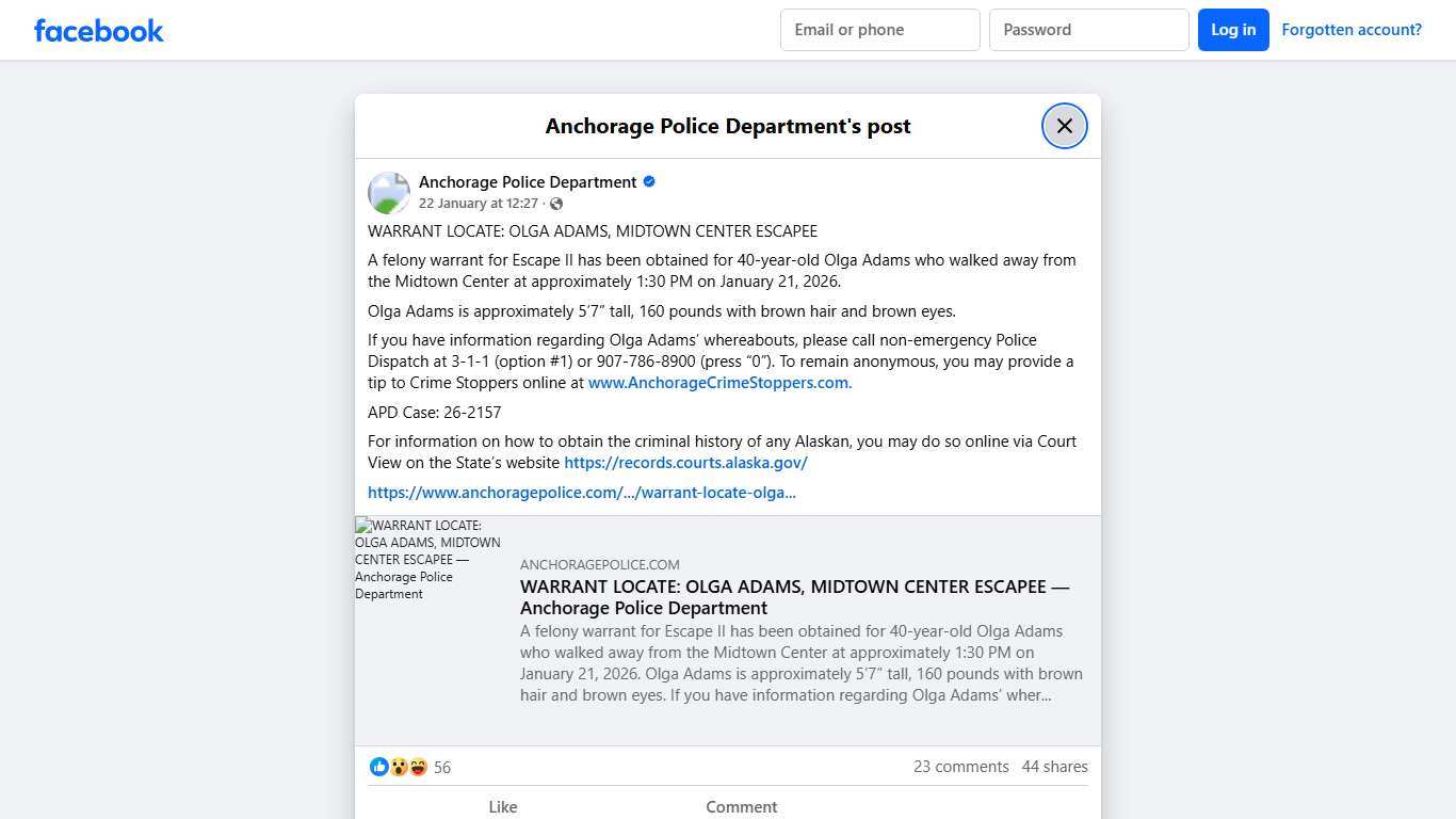 WARRANT LOCATE: OLGA ADAMS,... - Anchorage Police Department Facebook